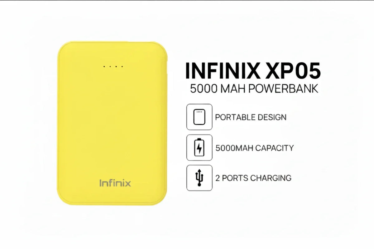 Infinix XP05 5000mAh Power Bank – Fast Charging Portable Charger with Dual USB Output, LED Indicator.
