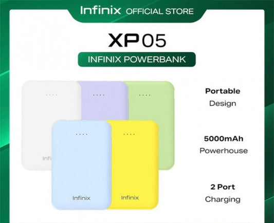 Infinix XP05 5000mAh Power Bank – Fast Charging Portable Charger with Dual USB Output, LED Indicator.