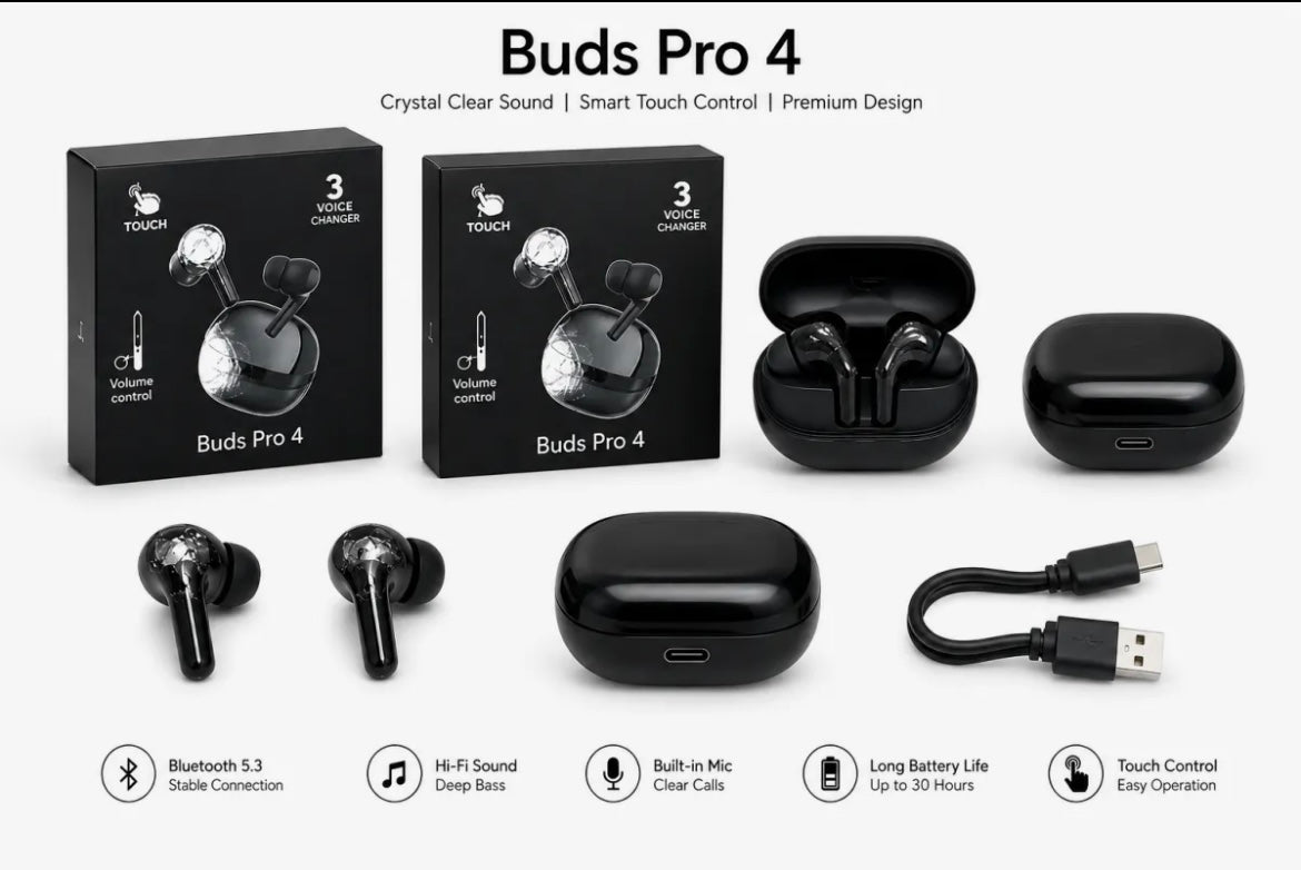 Buds Pro 4 Wireless Bluetooth 5.3 Earbuds | Hi-Fi Deep Bass | Touch Control | 30 Hours Battery