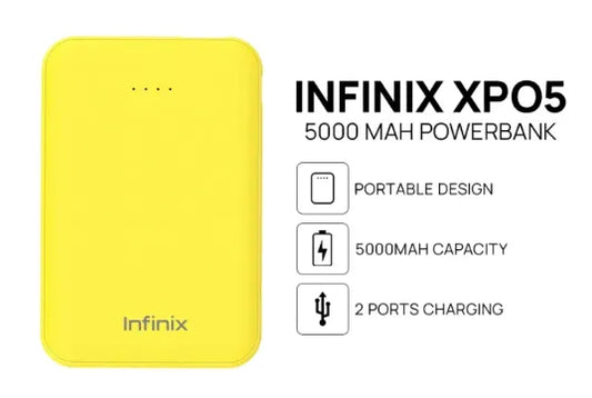 Infinix XP05 5000mAh Power Bank – Fast Charging Portable Charger with Dual USB Output, LED Indicator.