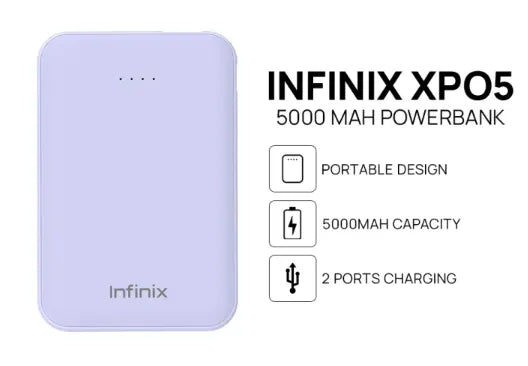 Infinix XP05 5000mAh Power Bank – Fast Charging Portable Charger with Dual USB Output, LED Indicator.