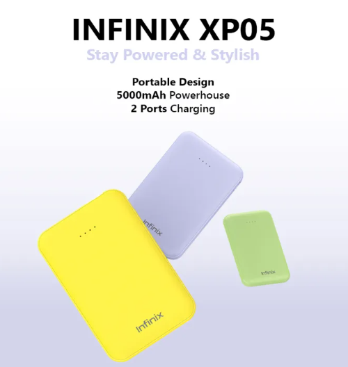 Infinix XP05 5000mAh Power Bank – Fast Charging Portable Charger with Dual USB Output, LED Indicator.