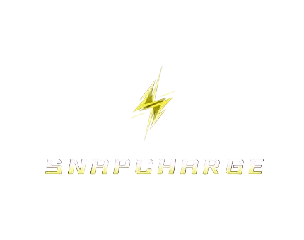 The Snapcharge logo, featuring a stylized yellow lightning bolt above the word 'SNAPCHARGE' in a bold, metallic yellow font, set against a dark purple grid background.